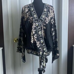 VENUS V-Neck Faux Wrap Top Long Bell Sleeve Elastic Waist Faux Tie NWOT